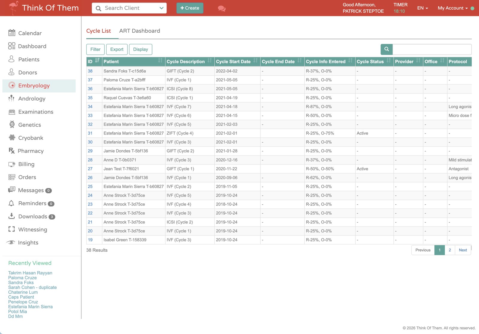 The TOT clinic workspace showing the embryology cycle list, with the module menu down the left side.