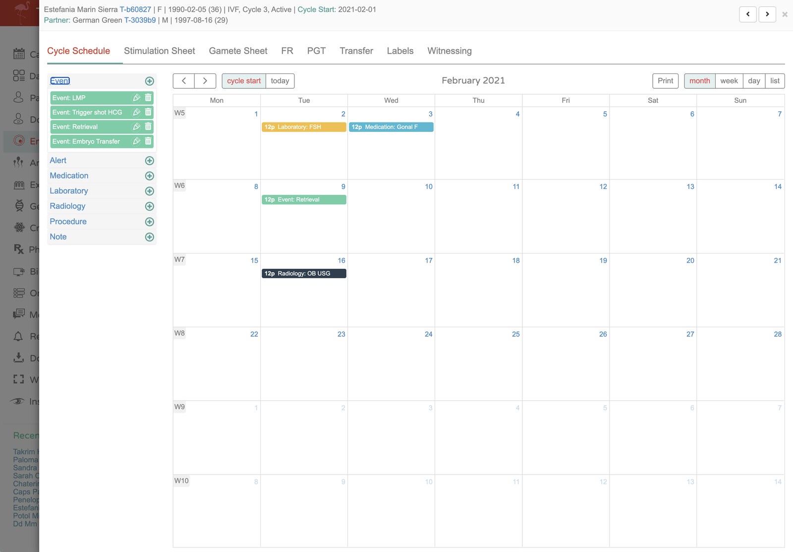 A patient cycle open on the cycle schedule tab, showing a month calendar of events, medications and laboratory work.